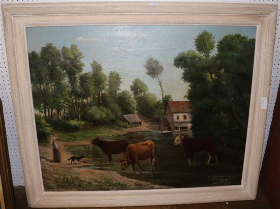 French oil of cows by a pond & watermill